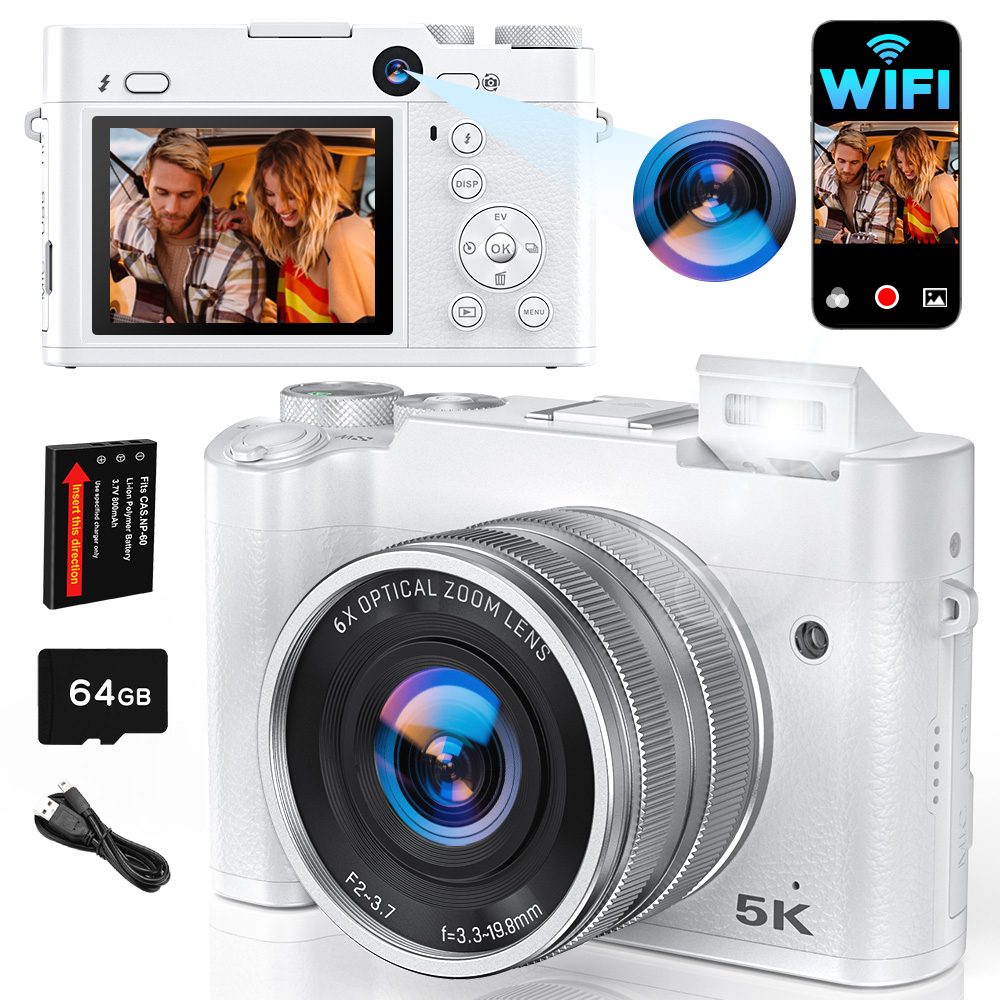 Beauty Makeup App - 5K 64MP WiFi Digital Camera, 6X