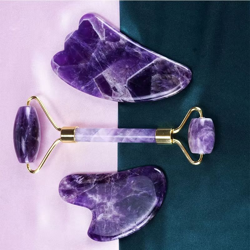 Jade Roller Gua Sha - Natural Amethyst RollerJade Set Real Jade